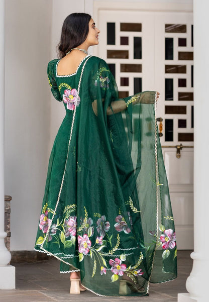 GREEN ORGANZA ANARKALI SUIT SET