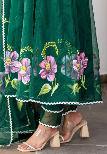 GREEN ORGANZA ANARKALI SUIT SET