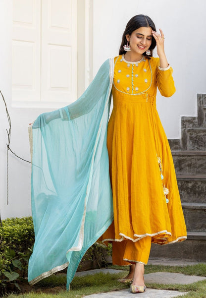 YELLOW BLUE DOORIYA COTTON SUIT SET