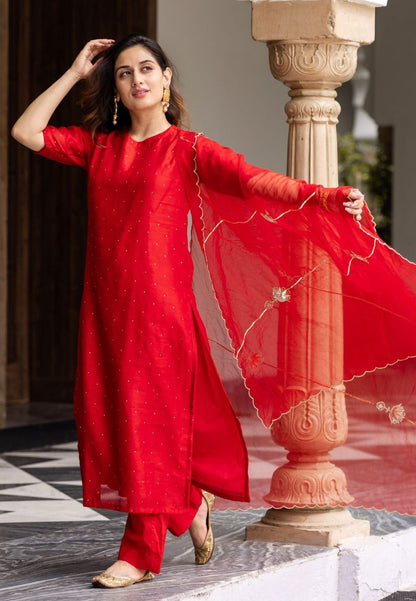 RED REGAL CHANDERI SUIT SET