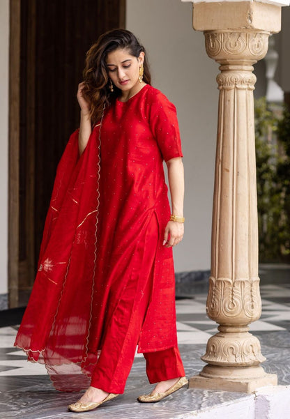 RED REGAL CHANDERI SUIT SET