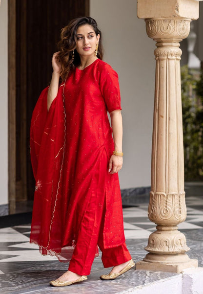 RED REGAL CHANDERI SUIT SET