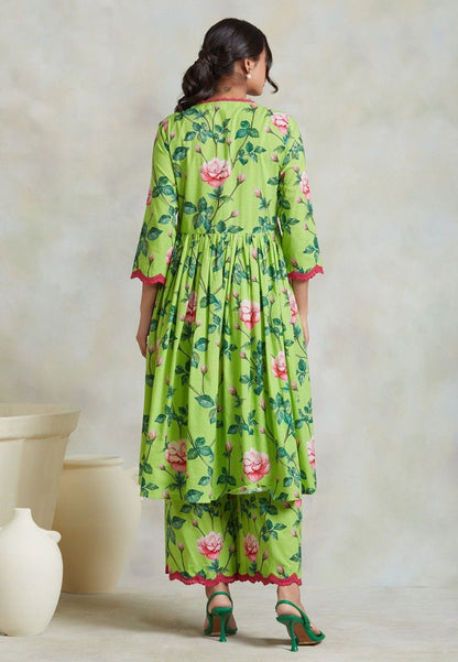 GREEN FLORAL COTTON GATHERED SUIT SET