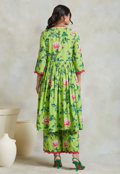 GREEN FLORAL COTTON GATHERED SET OF 3