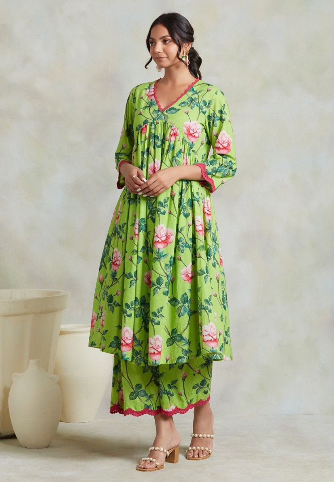 GREEN FLORAL COTTON GATHERED SUIT SET