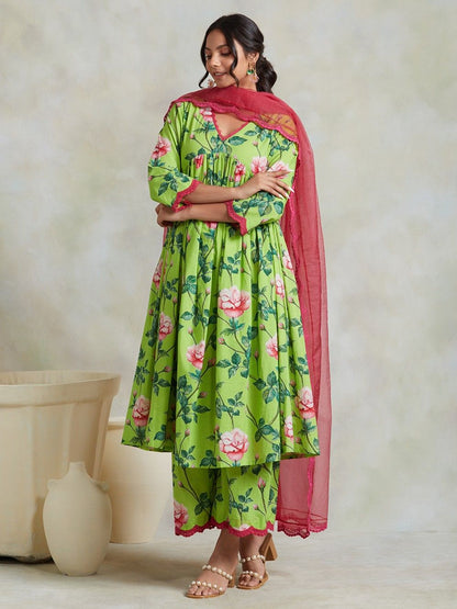 GREEN FLORAL COTTON GATHERED SET OF 3