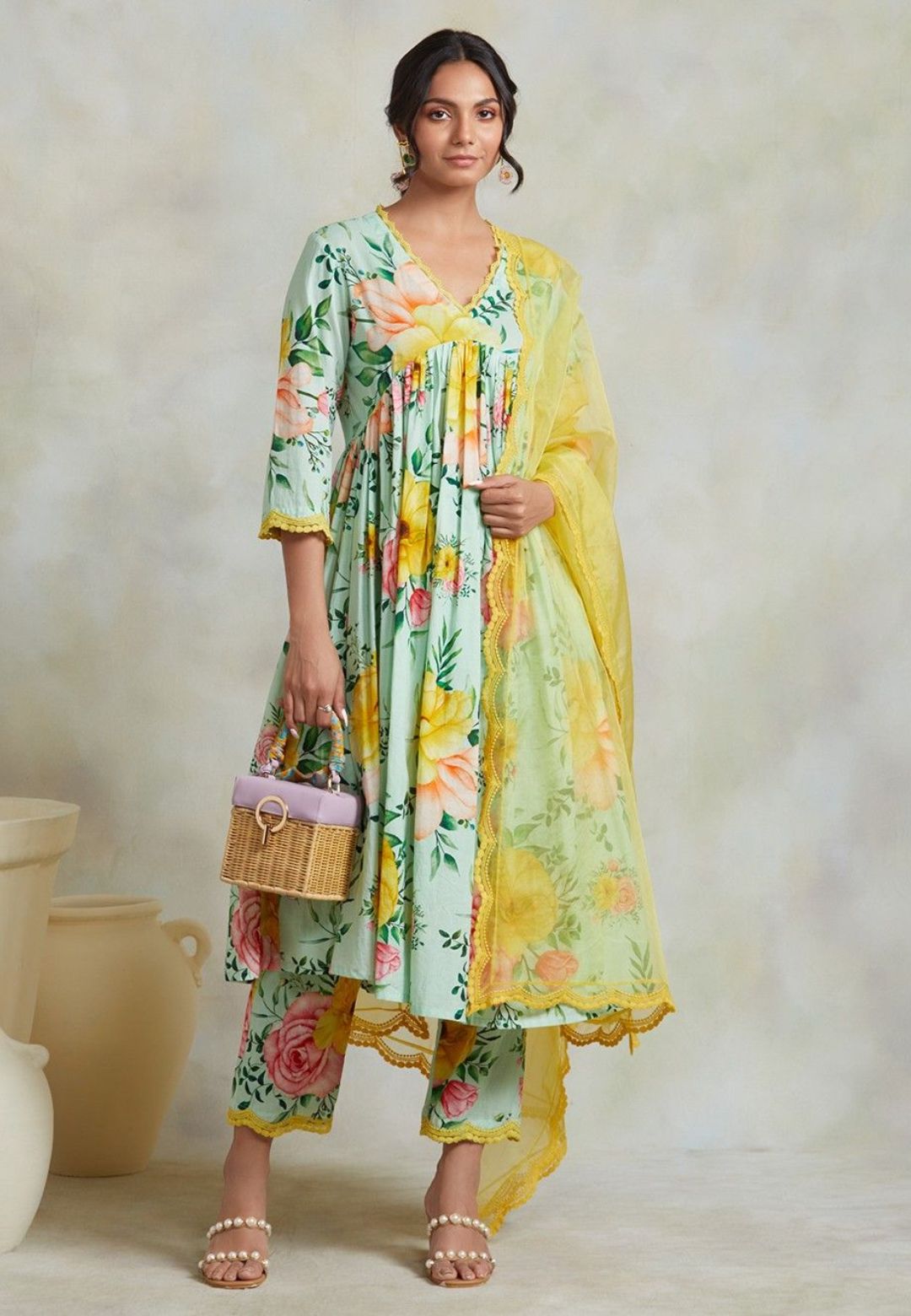 YELLOW GREEN COTTON GATHERED SUIT SET