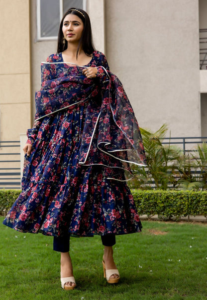 NAVY BLUE FLORAL CHIFFON ANARKALI SUIT SET