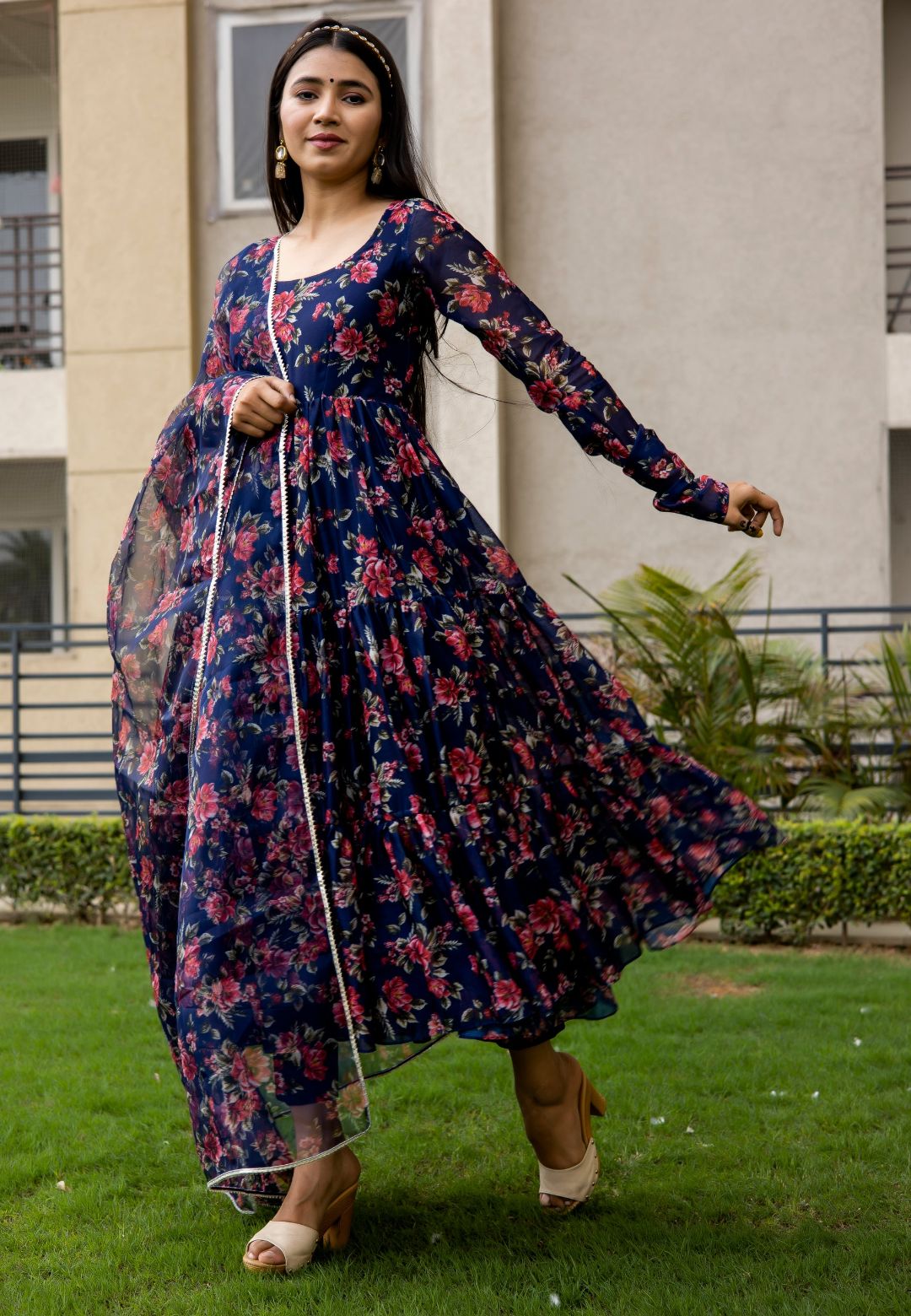 NAVY BLUE FLORAL CHIFFON ANARKALI SUIT SET