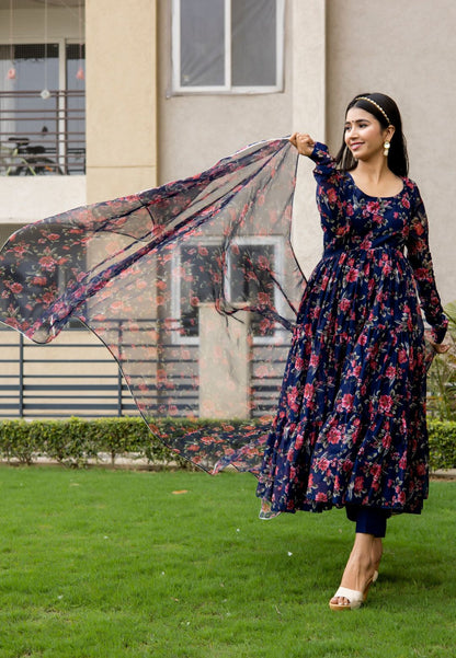 NAVY BLUE FLORAL CHIFFON ANARKALI SUIT SET