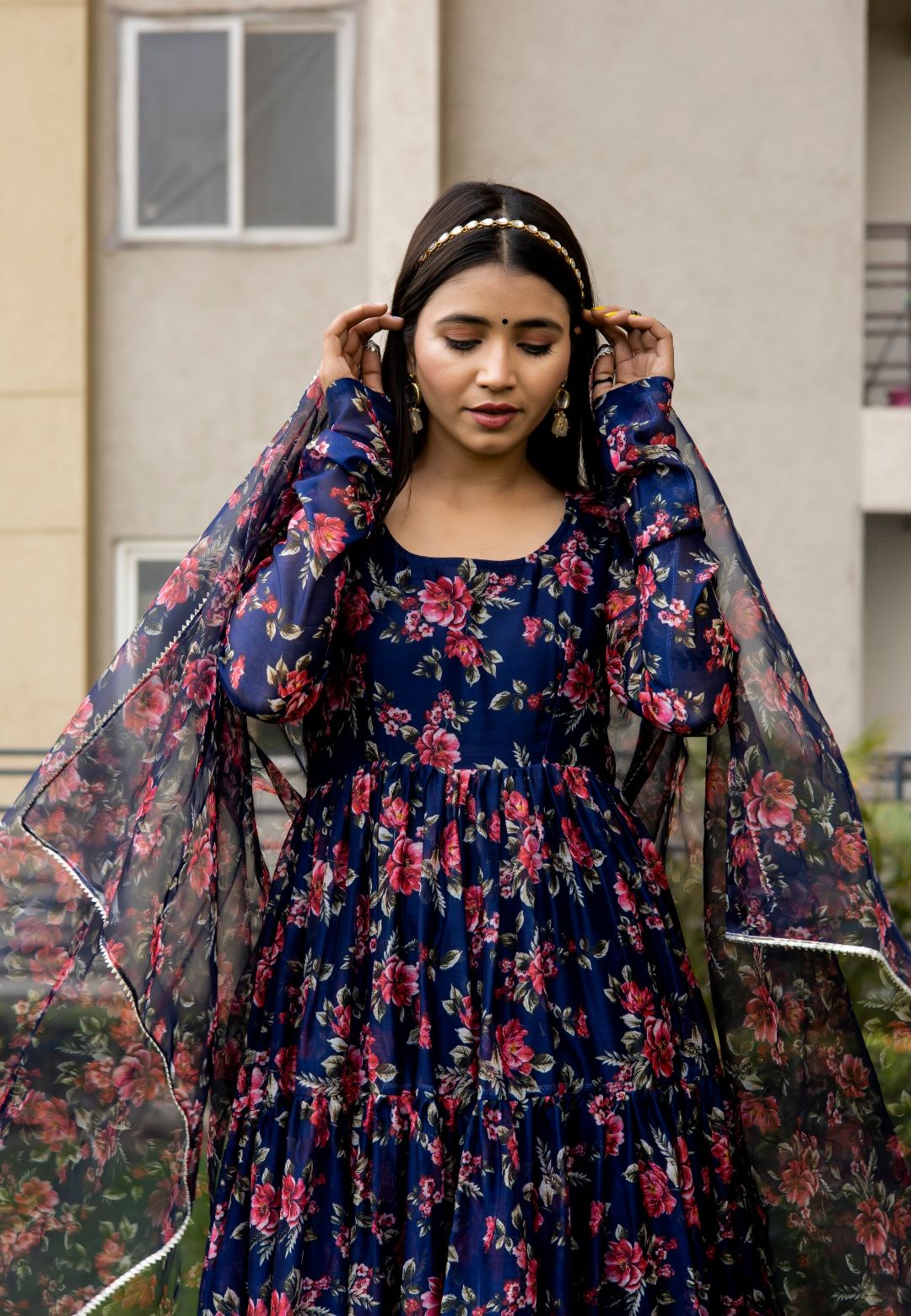 NAVY BLUE FLORAL CHIFFON ANARKALI SUIT SET