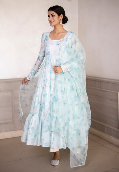 AQUA BLUE FLORAL CHIFFON ANARKALI SUIT SET