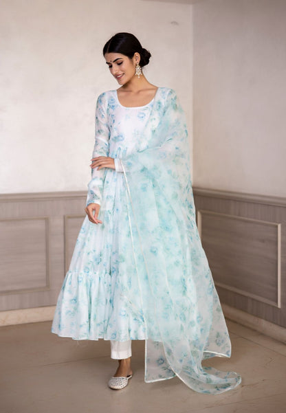 AQUA BLUE FLORAL CHIFFON ANARKALI SUIT SET