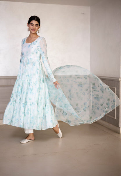 AQUA BLUE FLORAL CHIFFON ANARKALI SUIT SET