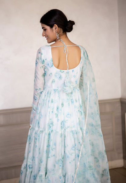 AQUA BLUE FLORAL CHIFFON ANARKALI SUIT SET