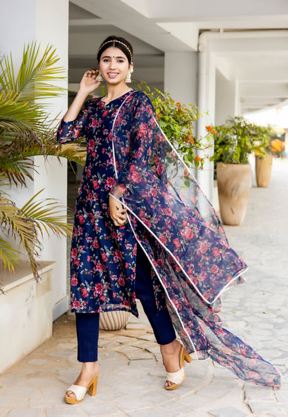 NAVY BLUE CHANDERI STRAIGHT SUIT SET