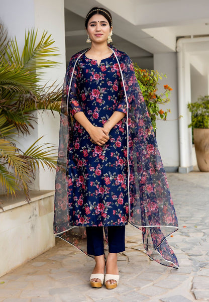 NAVY BLUE CHANDERI STRAIGHT SUIT SET