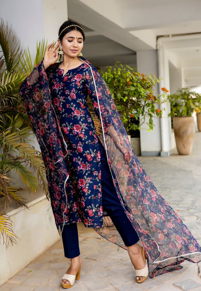NAVY BLUE CHANDERI STRAIGHT SUIT SET