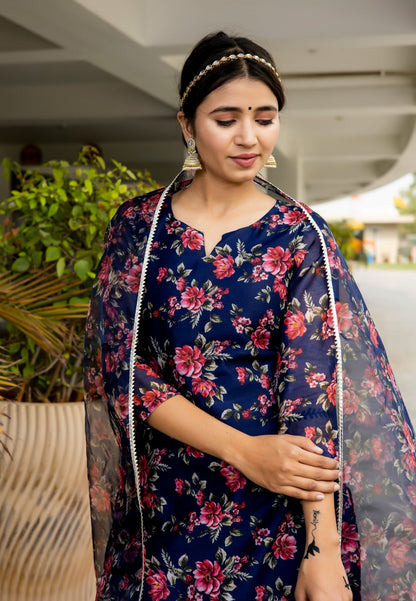 NAVY BLUE CHANDERI STRAIGHT SUIT SET