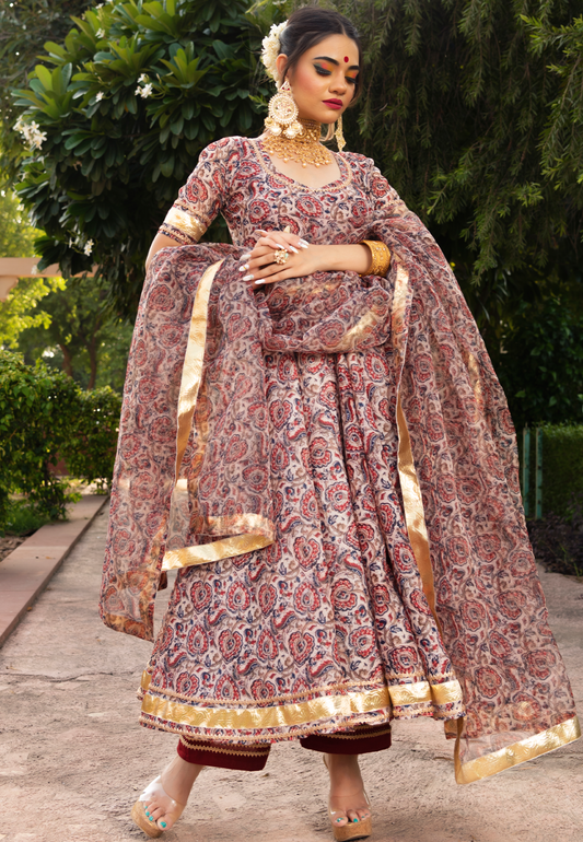 RED FLORAL CHANDERI ANARKALI SUIT SET
