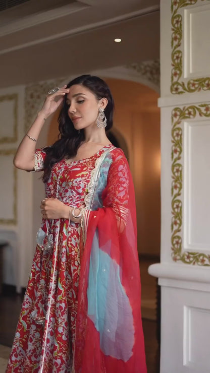 RED STELLA COTTON ANARKALI SUIT SET