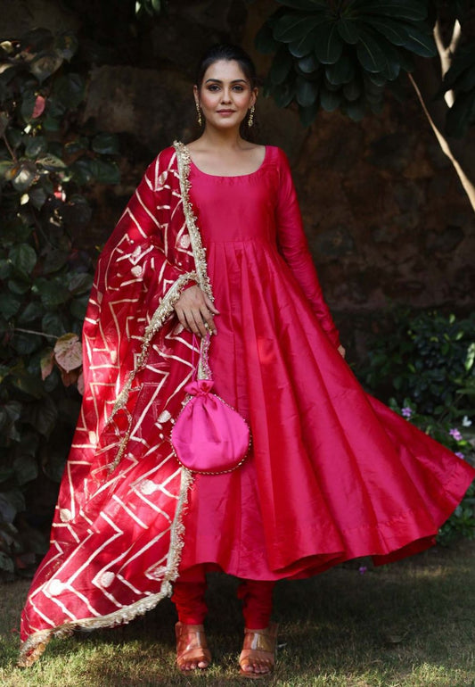 PINK ABHA ANARKALI SILK SUIT SET