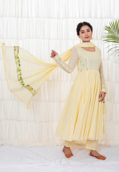 PASTEL YELLOW MUL MUL ANARKALI SUIT SET