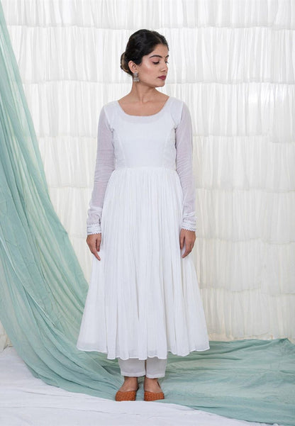 WHITE MULMUL ANARKALI SUIT SET