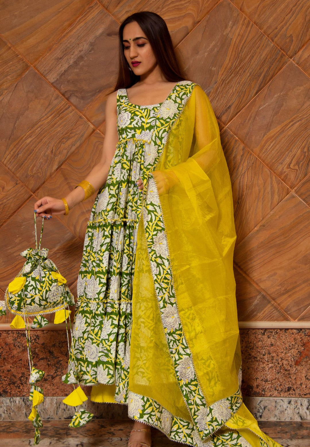 YELLOW GREEN TIERED ANARKALI SUIT SET