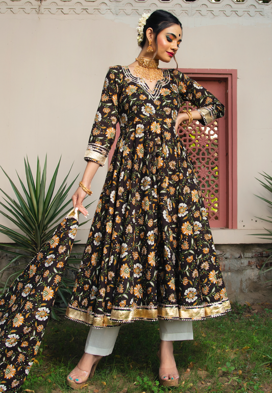 DARK BROWN  COTTON ANARKALI SUIT SET