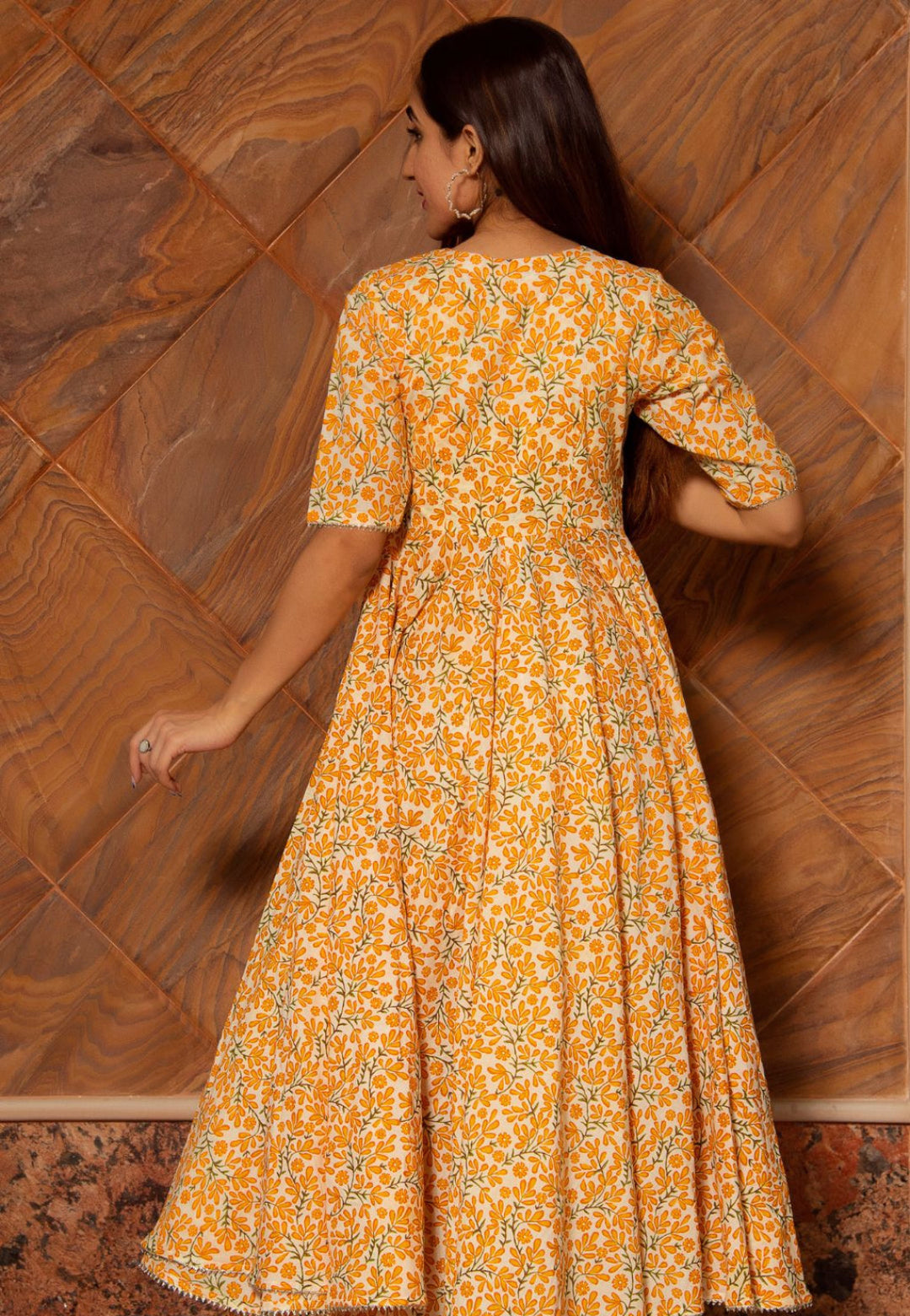 YELLOW BLOCKPRINT COTTON ANGRAKHA SET