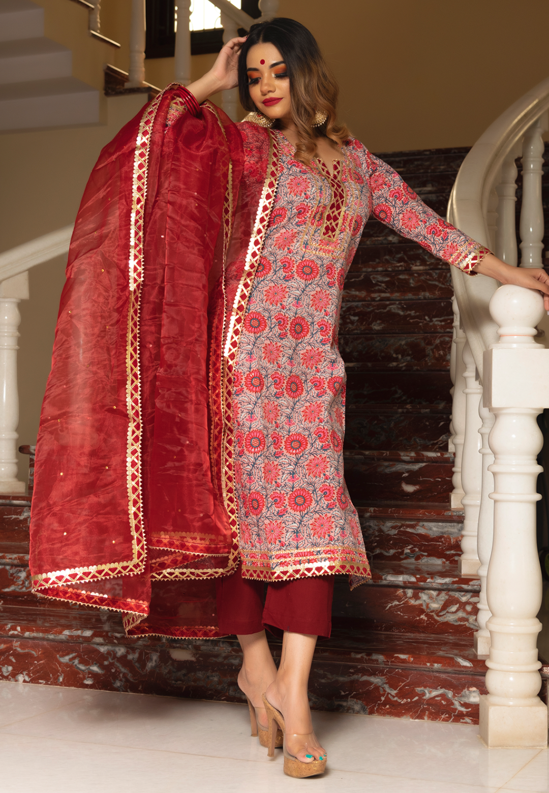 RED FLORAL STRAIGHT SUIT SET
