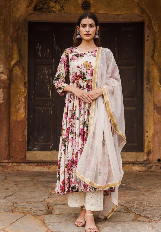 OFF WHITE COTTON FLORAL ANARKALI SET