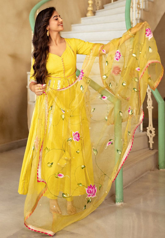 YELLOW COTTON HANDPAINTED ANARKALI SUIT SET