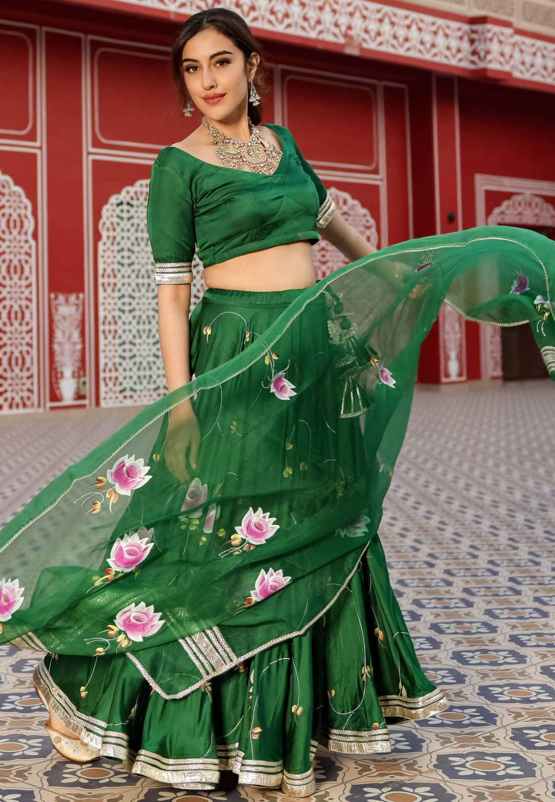 GREEN HANDPAINTED SATIN SILK LEHENGA SET