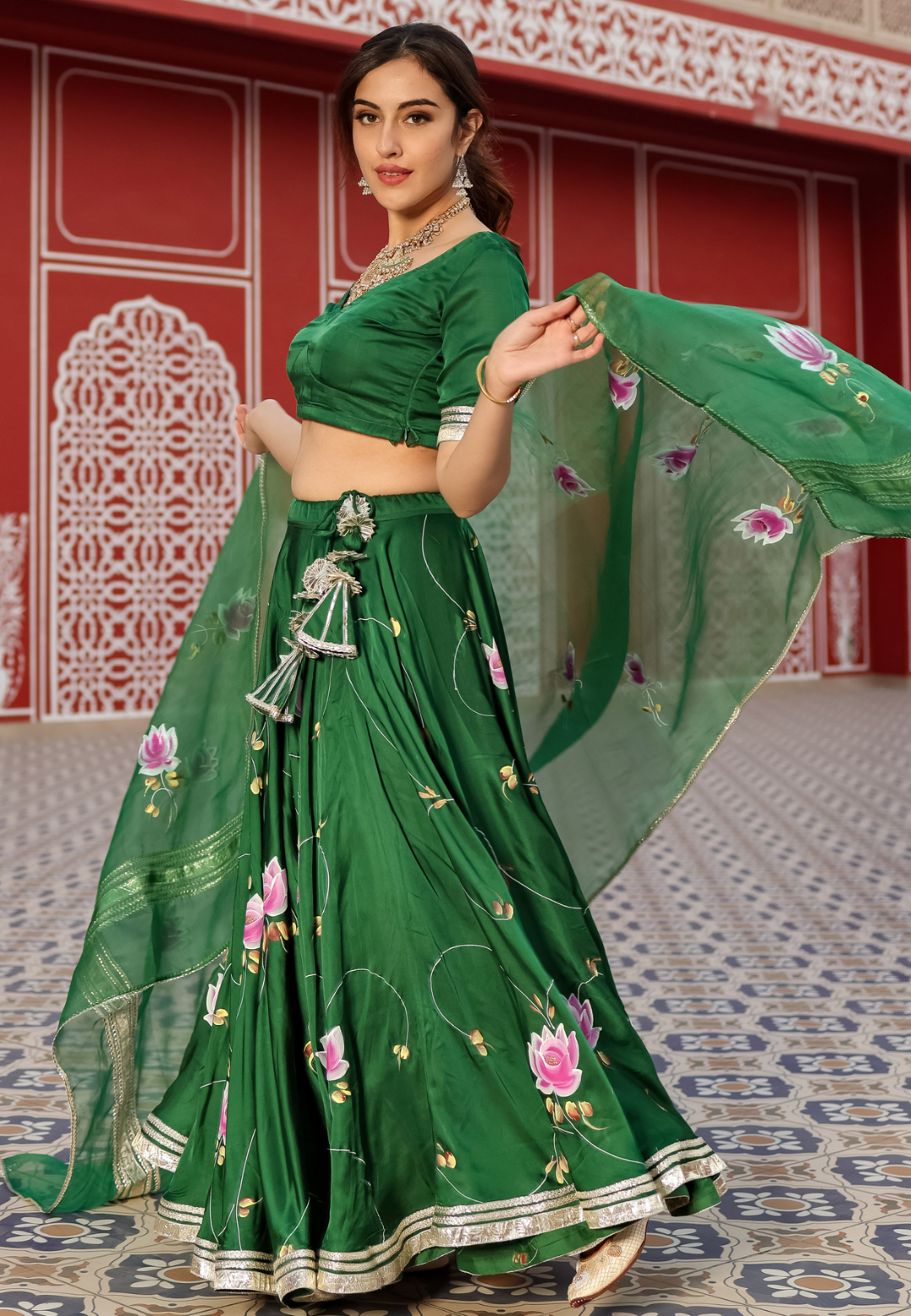 GREEN HANDPAINTED SATIN SILK LEHENGA SET