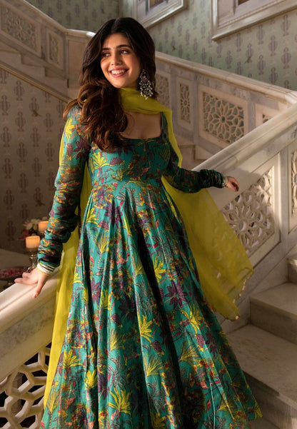 GREEN VAIREA CHANDERI ANARKALI SUIT SET