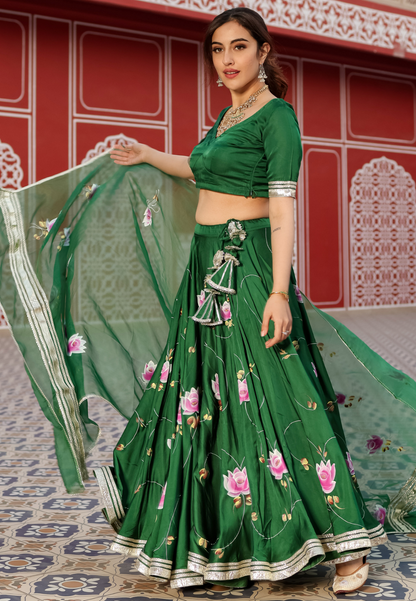 GREEN HANDPAINTED SATIN SILK LEHENGA SET