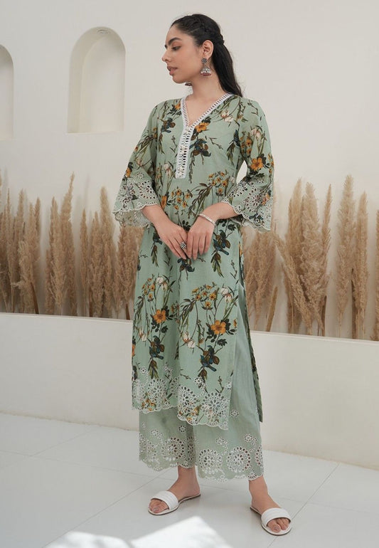 GREEN COTTON EMBROIDERED KURTA PALAZZO SET