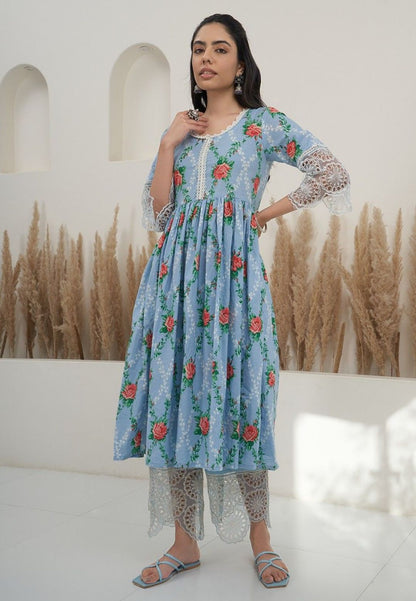 BLUE FLORAL COTTON PRINTED SUIT SET