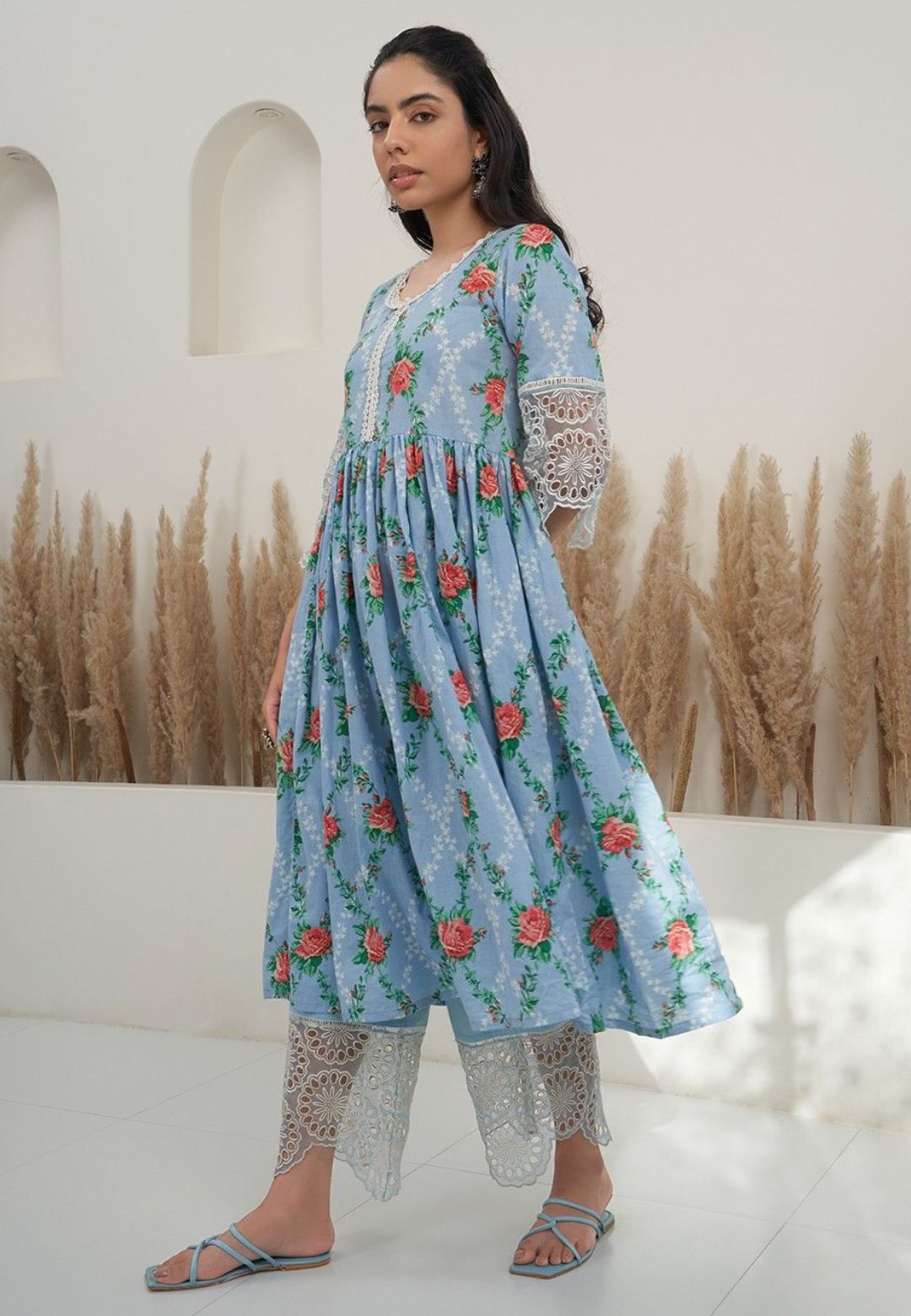 BLUE FLORAL COTTON PRINTED SUIT SET