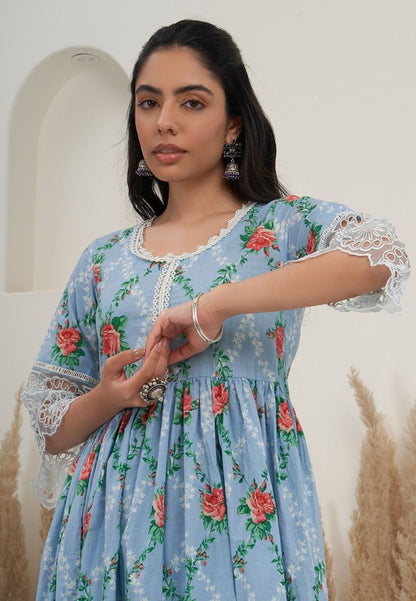 BLUE FLORAL COTTON PRINTED SUIT SET