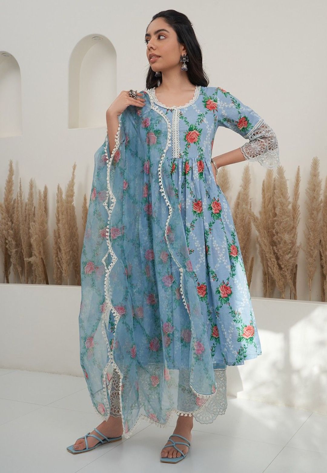 BLUE FLORAL COTTON PRINTED SUIT SET