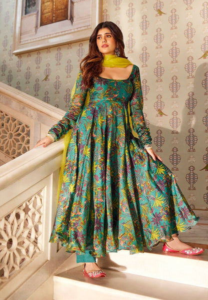 GREEN VAIREA CHANDERI ANARKALI SUIT SET