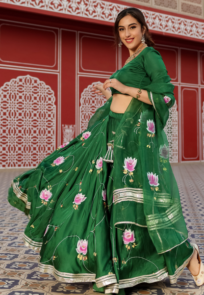 GREEN HANDPAINTED SATIN SILK LEHENGA SET