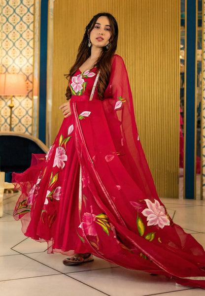 RED STRAP HAMRA ORGANZA ANARKALI SUIT SET