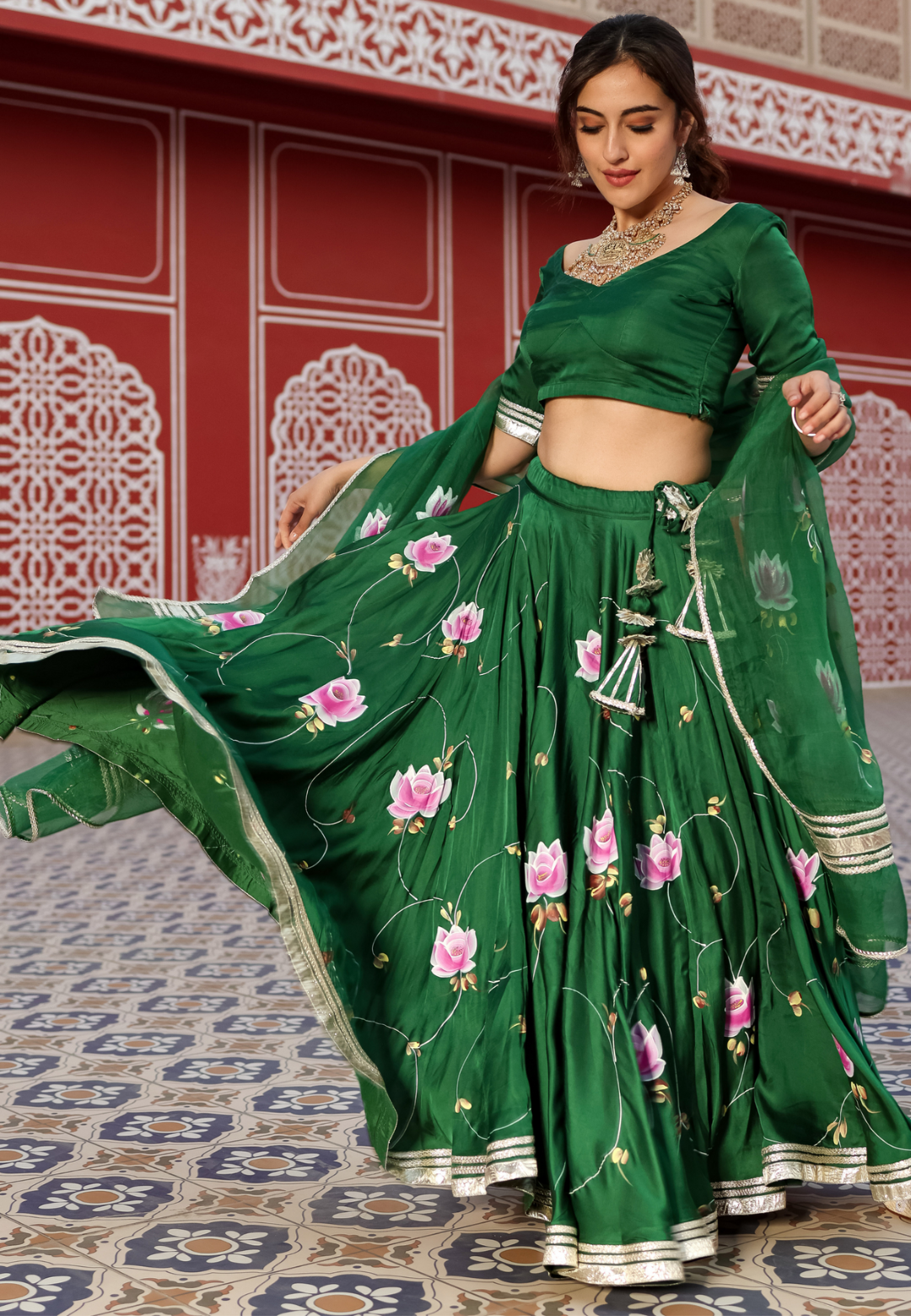 GREEN HANDPAINTED SATIN SILK LEHENGA SET