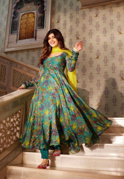 GREEN VAIREA CHANDERI ANARKALI SUIT SET