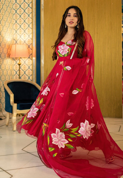 RED STRAP HAMRA ORGANZA ANARKALI SUIT SET