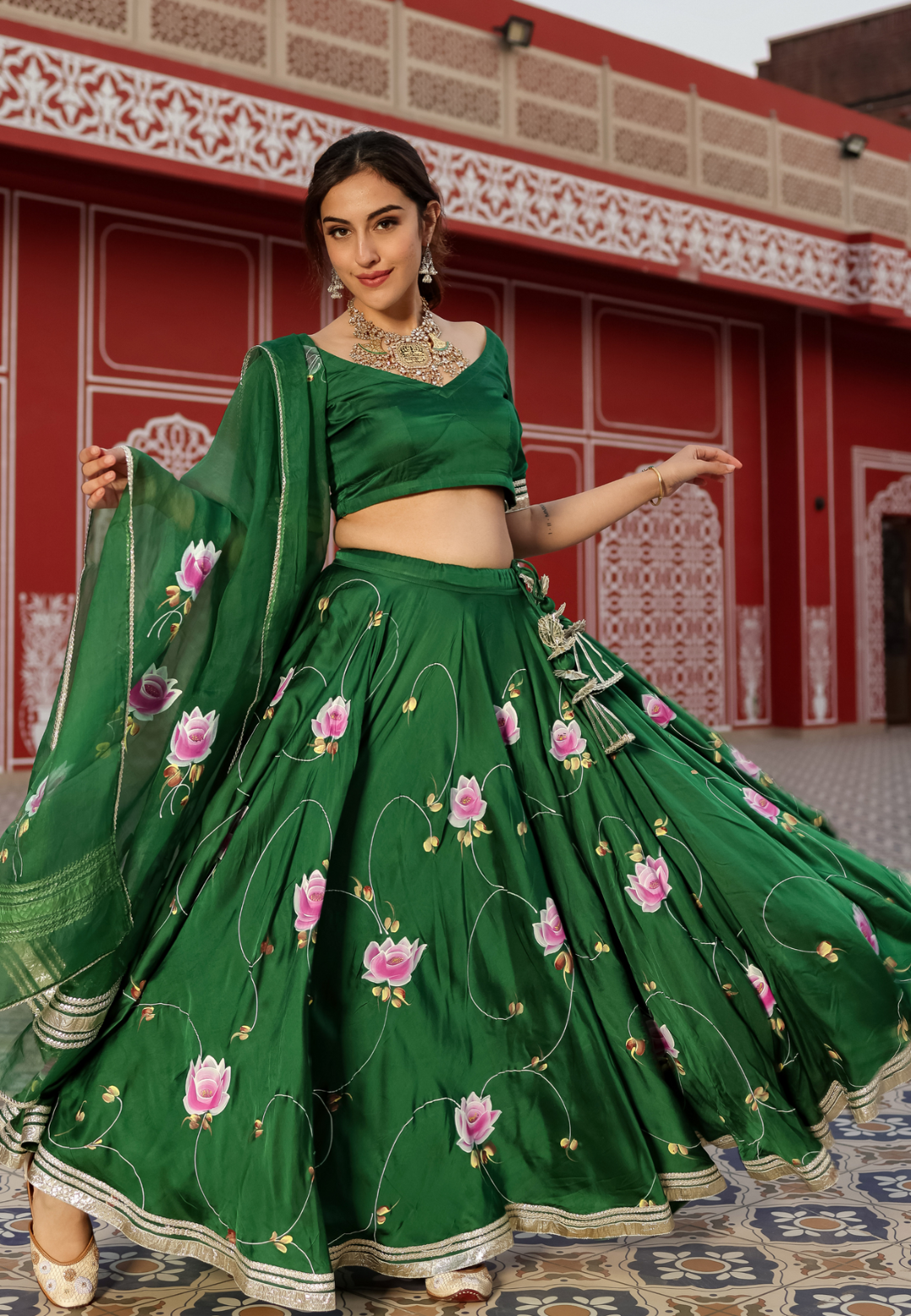 GREEN HANDPAINTED SATIN SILK LEHENGA SET